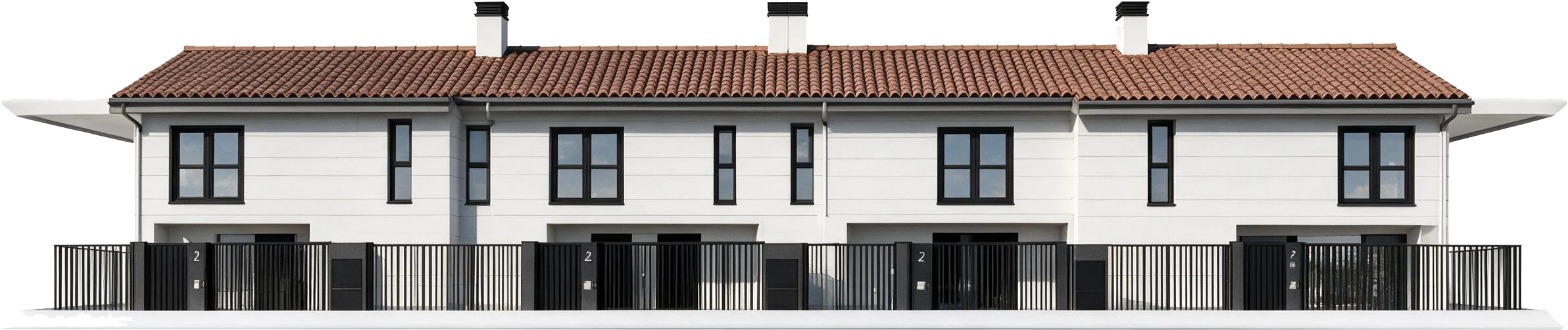 Alzado de una hilera de casas de El Bedul: cubierta de teja inclinada, fachada blanca y valla de lamas verticales