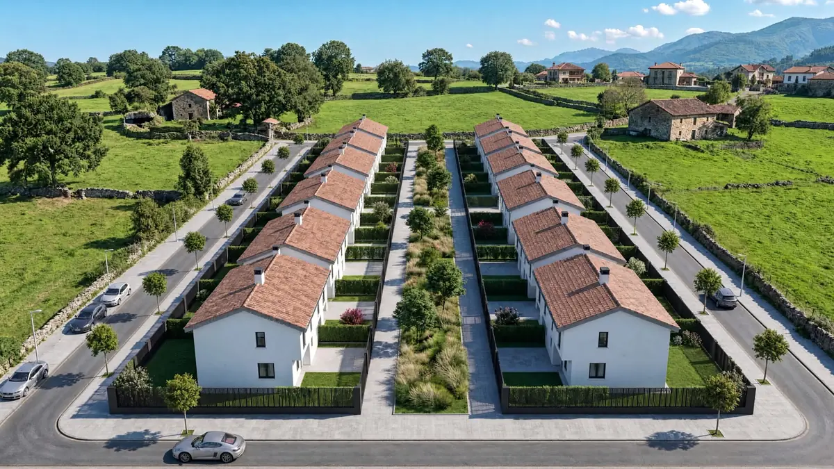 Vista aérea del conjunto: las dos hileras de casas con sus jardines privados