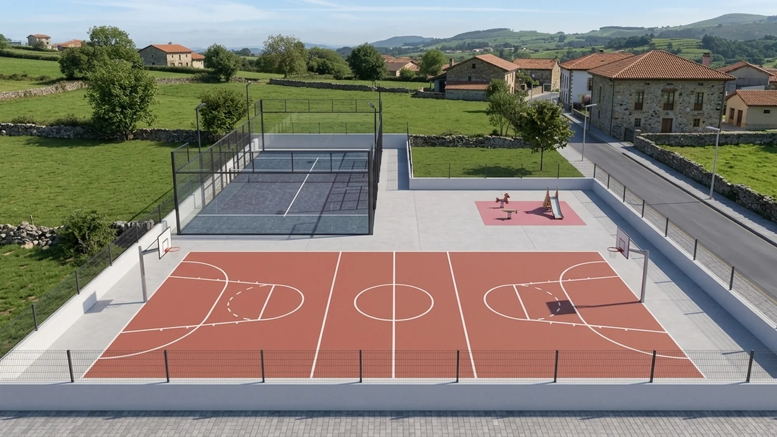 Infografía de la zona deportiva del complejo: una pista de pádel con cerramiento de cristal, una pista polideportiva y la zona de juego infantil, en la parcela EQ-2 al norte de El Bedul